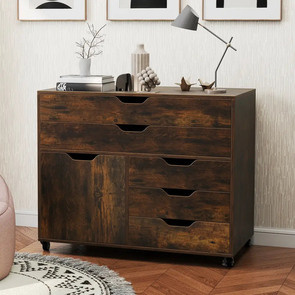 Modern Vertical 5-Drawer Mobile Chest with Door 5 Casters-Brown - Brown - File Cabinets