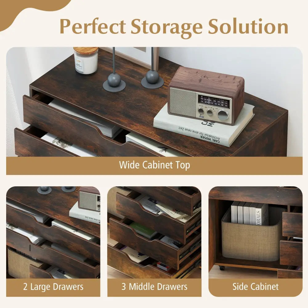 Modern Vertical 5-Drawer Mobile Chest with Door 5 Casters-Brown - Brown - File Cabinets