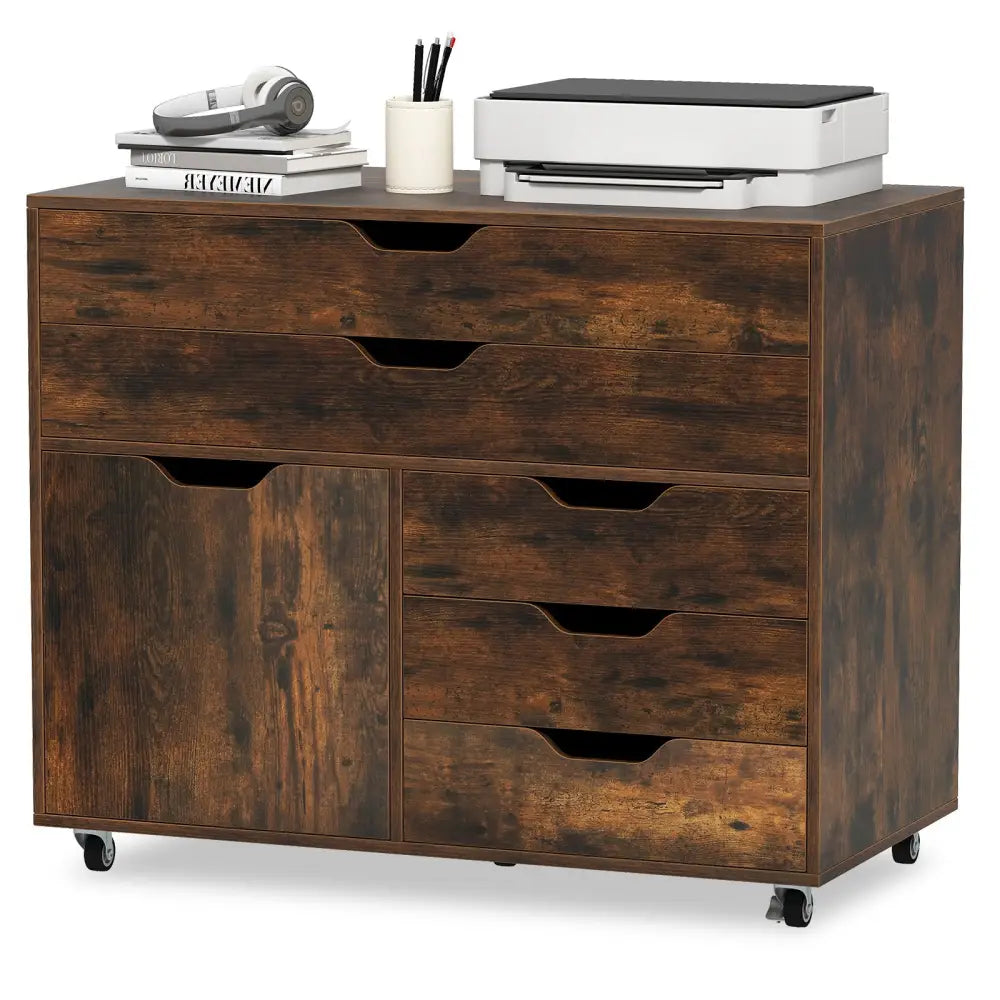 Modern Vertical 5-Drawer Mobile Chest with Door 5 Casters-Brown - Brown - File Cabinets