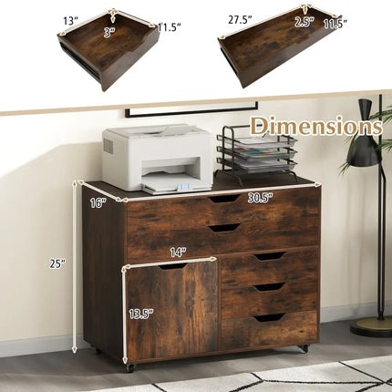 Modern Vertical 5-Drawer Mobile Chest with Door 5 Casters-Brown - Brown - File Cabinets