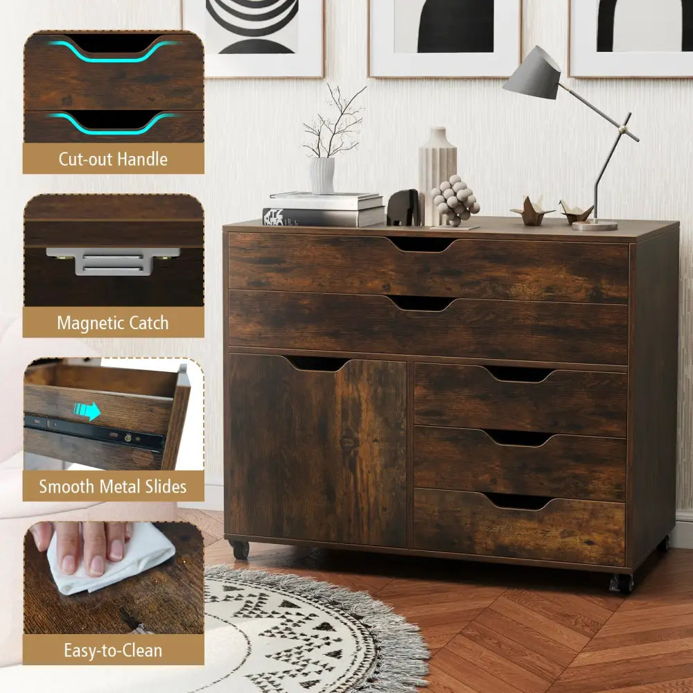 Modern Vertical 5-Drawer Mobile Chest with Door 5 Casters-Brown - Brown - File Cabinets