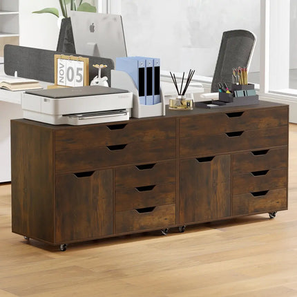 Modern Vertical 5-Drawer Mobile Chest with Door 5 Casters-Brown - Brown - File Cabinets