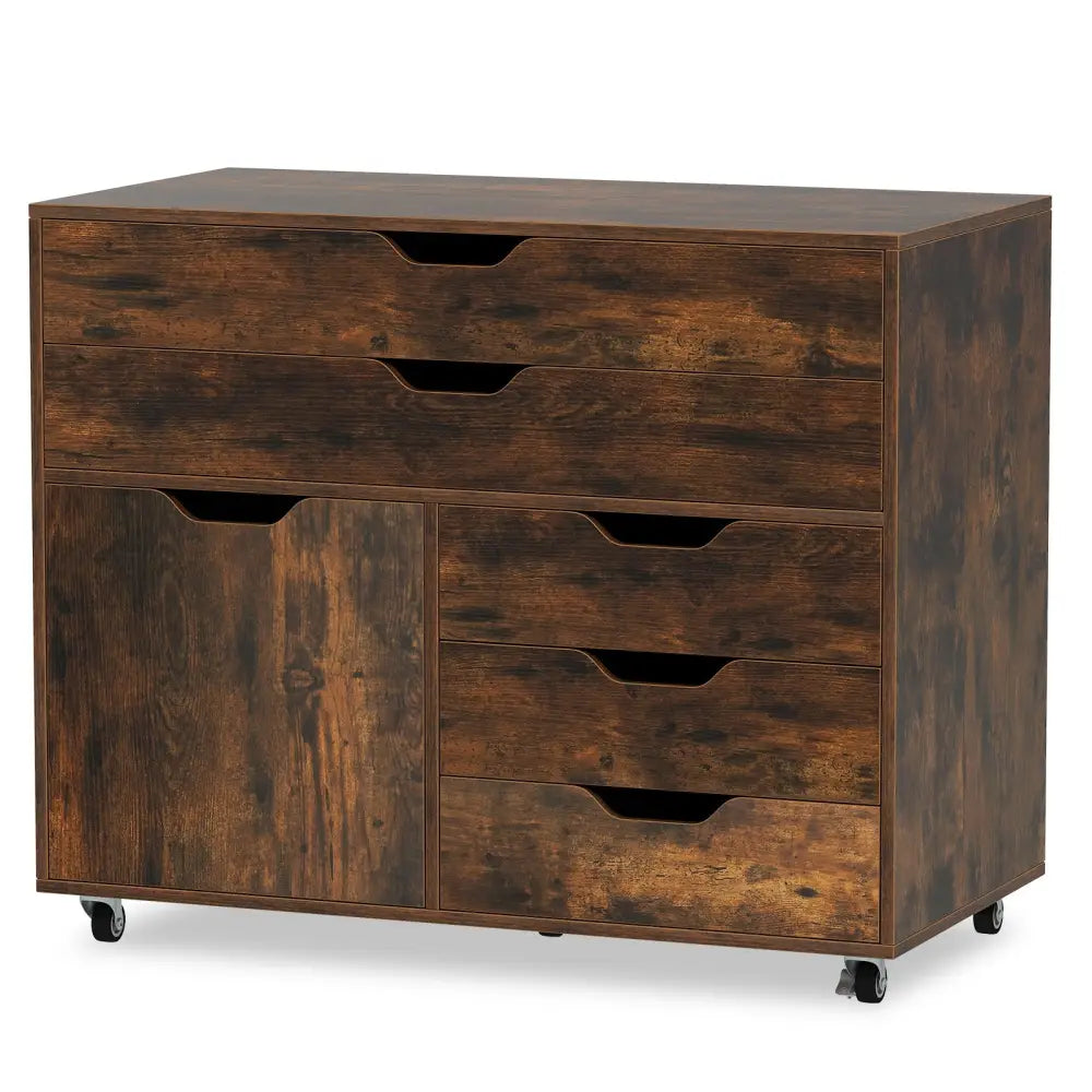Modern Vertical 5-Drawer Mobile Chest with Door 5 Casters-Brown - Brown - File Cabinets