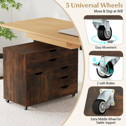 Modern Vertical 5-Drawer Mobile Chest with Door 5 Casters-Brown - Brown - File Cabinets