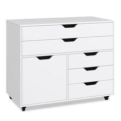 Modern Vertical 5-Drawer Mobile Chest with Door 5 Casters-White - White - File Cabinets