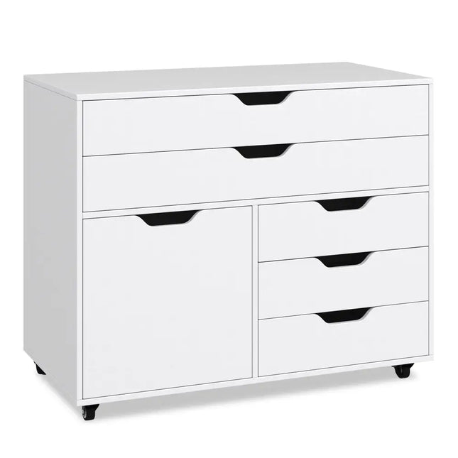 Modern Vertical 5-Drawer Mobile Chest with Door 5 Casters-White - White - File Cabinets
