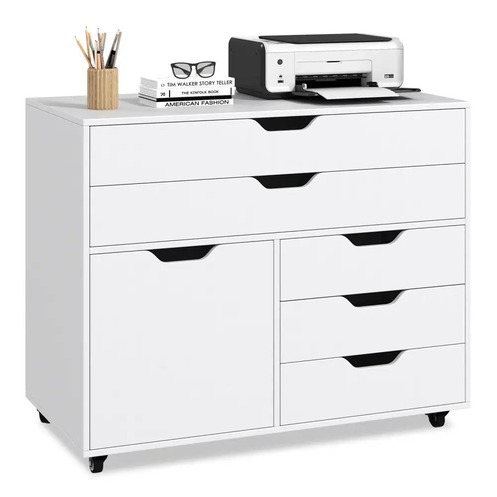 Modern Vertical 5-Drawer Mobile Chest with Door 5 Casters-White - White - File Cabinets