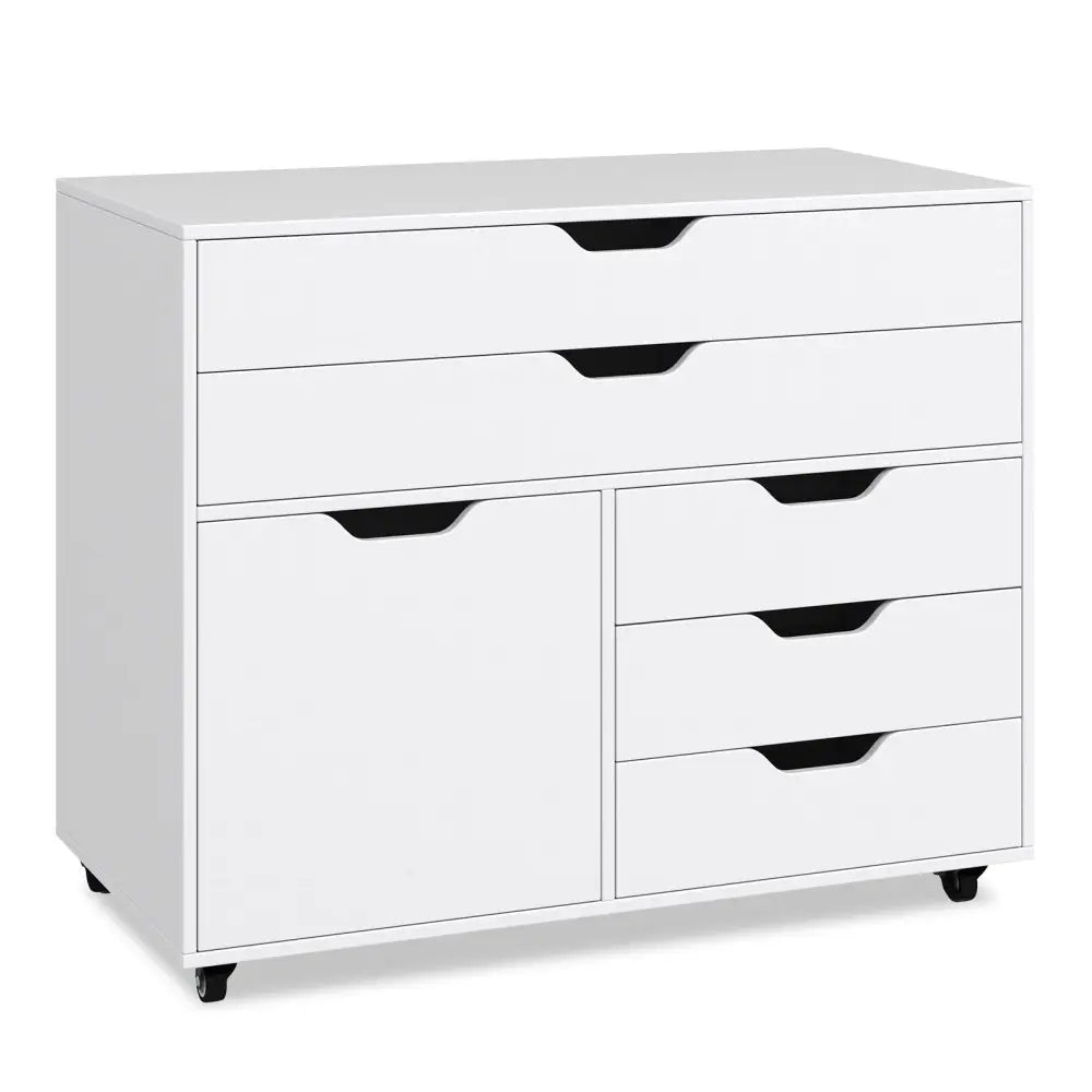 Modern Vertical 5-Drawer Mobile Chest with Door 5 Casters-White - White - File Cabinets