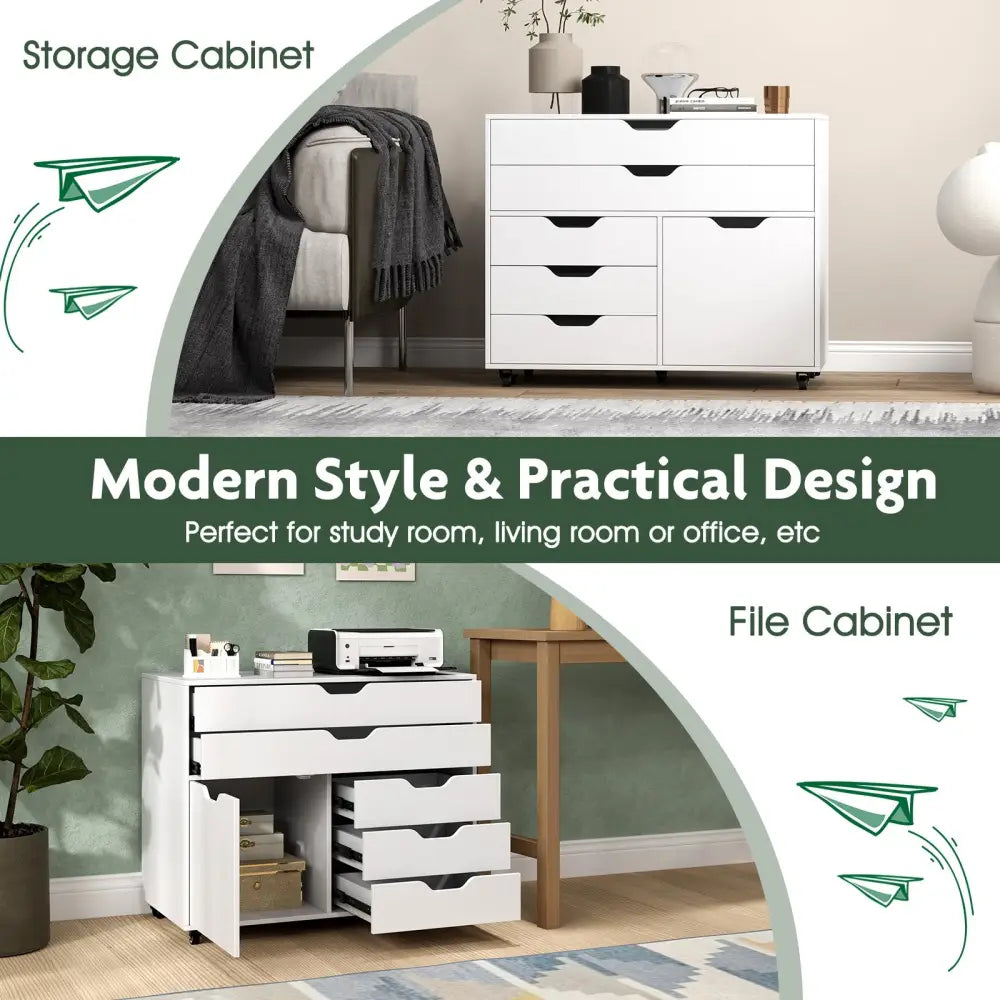 Modern Vertical 5-Drawer Mobile Chest with Door 5 Casters-White - White - File Cabinets