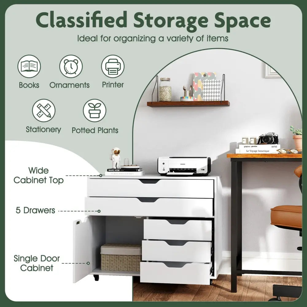 Modern Vertical 5-Drawer Mobile Chest with Door 5 Casters-White - White - File Cabinets