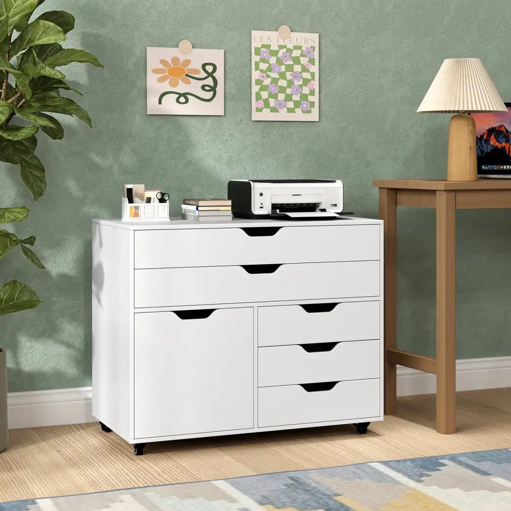 Modern Vertical 5-Drawer Mobile Chest with Door 5 Casters-White - White - File Cabinets