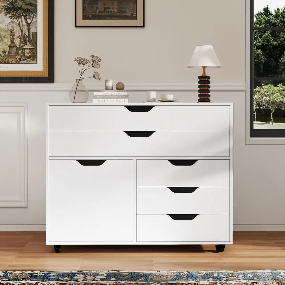 Modern Vertical 5-Drawer Mobile Chest with Door 5 Casters-White - White - File Cabinets