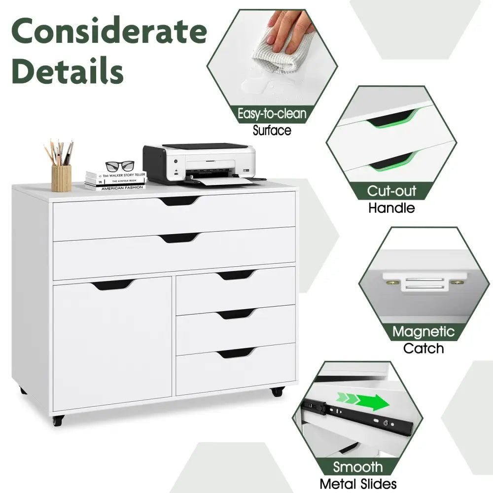 Modern Vertical 5-Drawer Mobile Chest with Door 5 Casters-White - White - File Cabinets