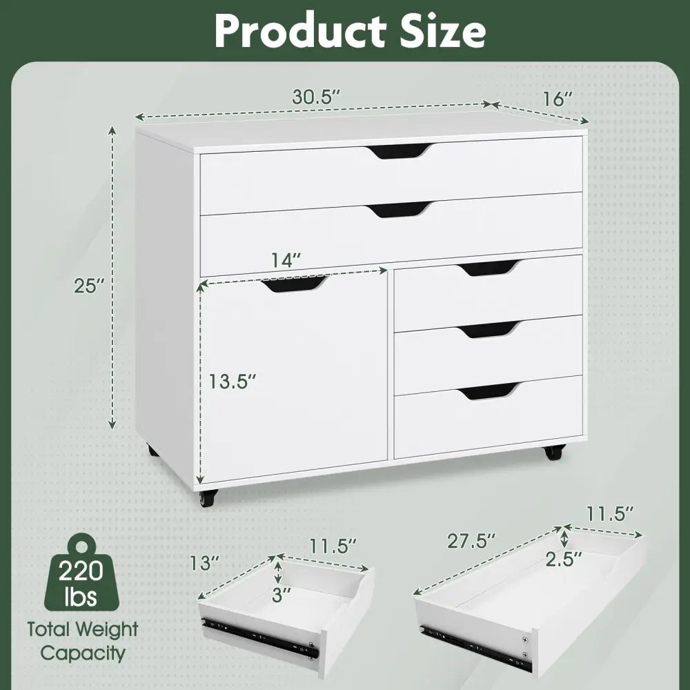 Modern Vertical 5-Drawer Mobile Chest with Door 5 Casters-White - White - File Cabinets