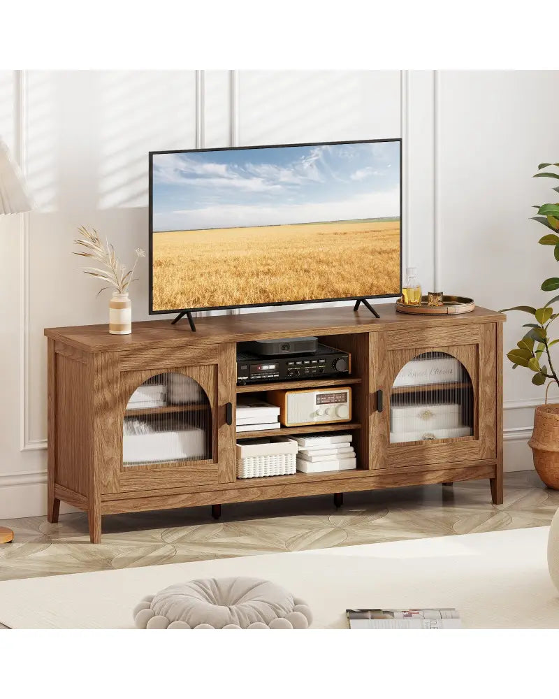 Modern Vintage TV Cabinet with Adjustable Shelves and 2 Cable Holes for TVs up to 65 Inches-Walnut - Walnut