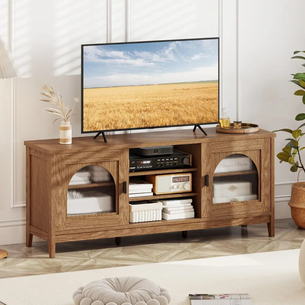 Modern Vintage TV Cabinet with Adjustable Shelves and 2 Cable Holes for TVs up to 65 Inches-Walnut - Walnut