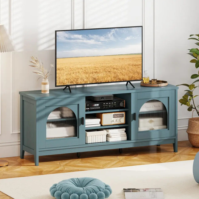 Modern Vintage TV Cabinet with Adjustable Shelves and 2 Cable Holes for TVs up to 65 Inches-Turquoise - Turquoise