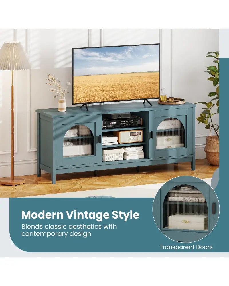 Modern Vintage TV Cabinet with Adjustable Shelves and 2 Cable Holes for TVs up to 65 Inches-Turquoise - Turquoise