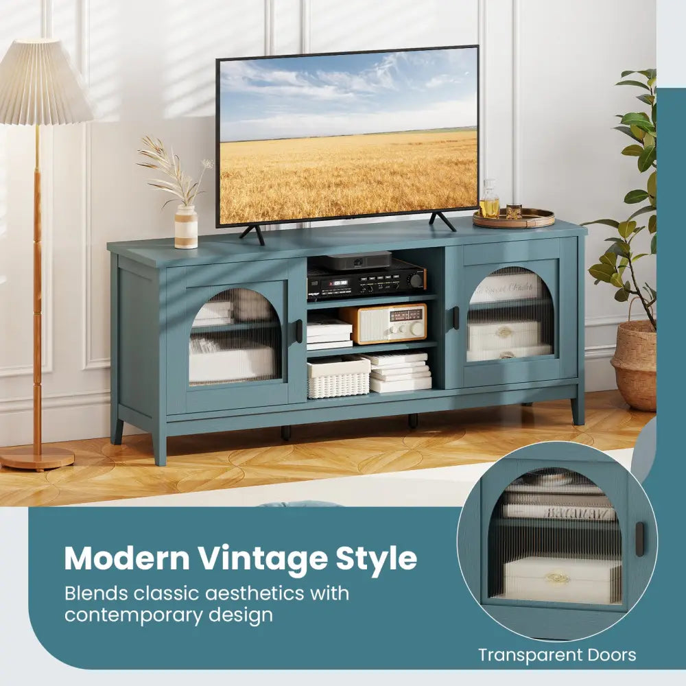 Modern Vintage TV Cabinet with Adjustable Shelves and 2 Cable Holes for TVs up to 65 Inches-Turquoise - Turquoise