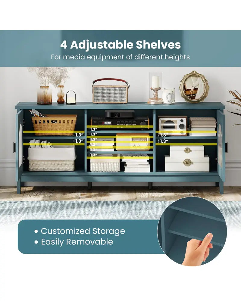 Modern Vintage TV Cabinet with Adjustable Shelves and 2 Cable Holes for TVs up to 65 Inches-Turquoise - Turquoise