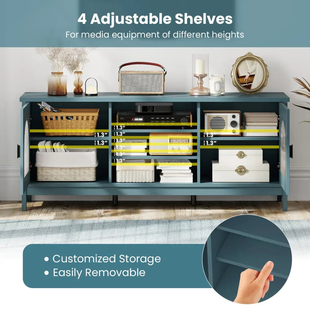 Modern Vintage TV Cabinet with Adjustable Shelves and 2 Cable Holes for TVs up to 65 Inches-Turquoise - Turquoise