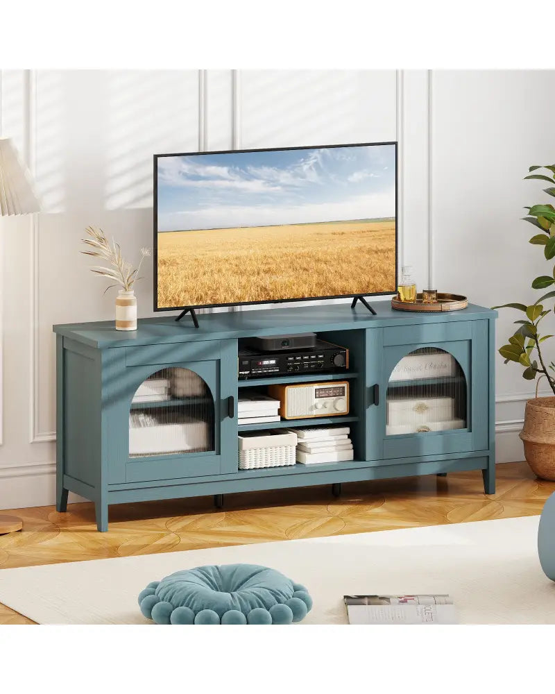 Modern Vintage TV Cabinet with Adjustable Shelves and 2 Cable Holes for TVs up to 65 Inches-Turquoise - Turquoise