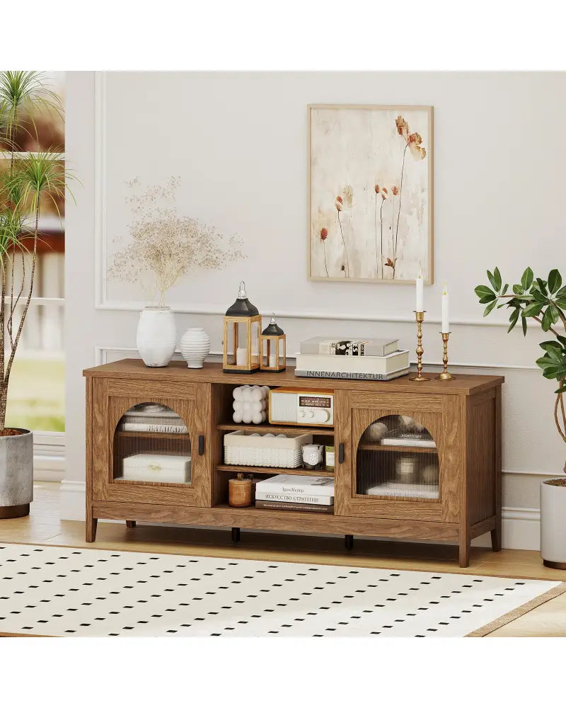 Modern Vintage TV Cabinet with Adjustable Shelves and 2 Cable Holes for TVs up to 65 Inches-Walnut - Walnut