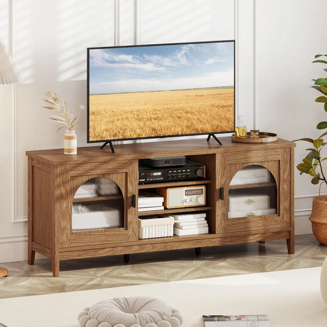 Modern Vintage TV Cabinet with Adjustable Shelves and 2 Cable Holes for TVs up to 65 Inches-Walnut - Walnut