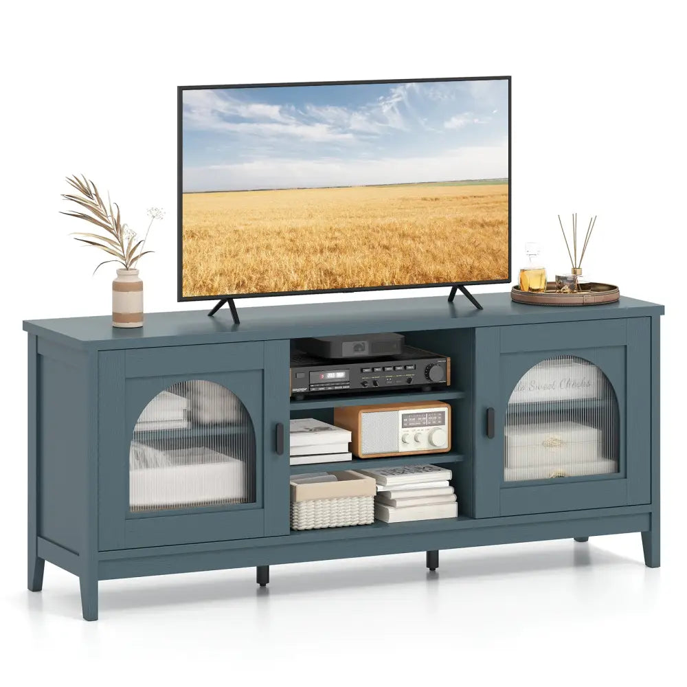 Modern Vintage TV Cabinet with Adjustable Shelves and 2 Cable Holes for TVs up to 65 Inches-Turquoise - Turquoise