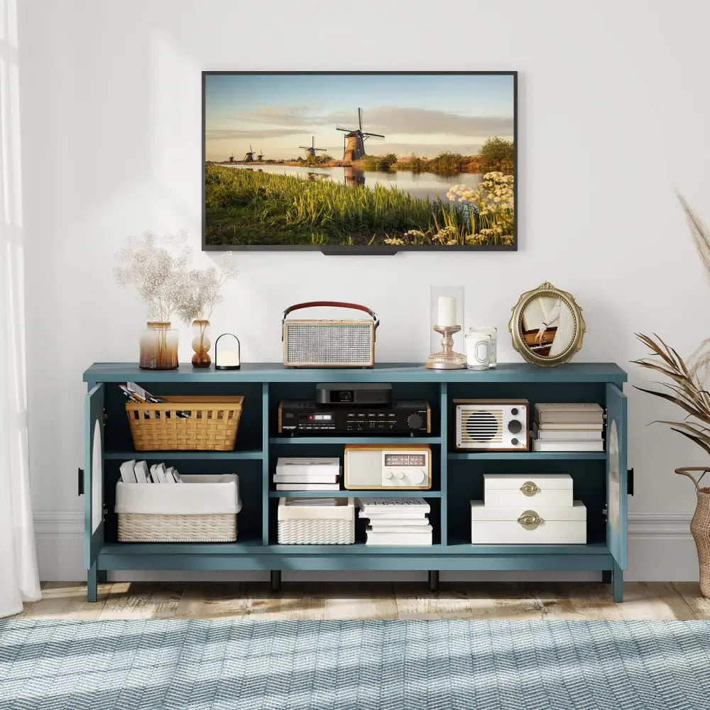 Modern Vintage TV Cabinet with Adjustable Shelves and 2 Cable Holes for TVs up to 65 Inches-Turquoise - Turquoise