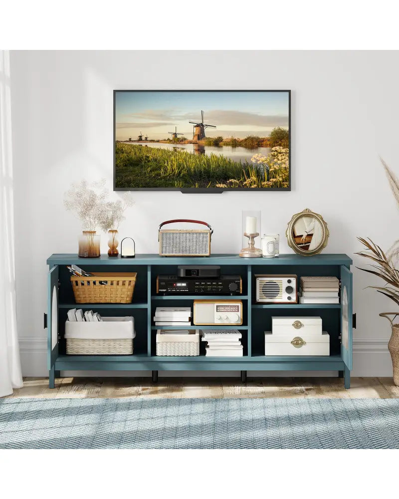 Modern Vintage TV Cabinet with Adjustable Shelves and 2 Cable Holes for TVs up to 65 Inches-Turquoise - Turquoise