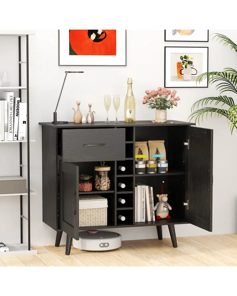 Modern Wine Bar Buffet Cabinet with 6-Bottle Wine Rack-Black - Black - Sideboards Cabinets & Buffets