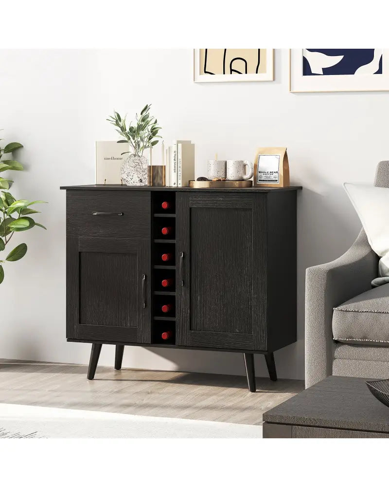 Modern Wine Bar Buffet Cabinet with 6-Bottle Wine Rack-Black - Black - Sideboards Cabinets & Buffets