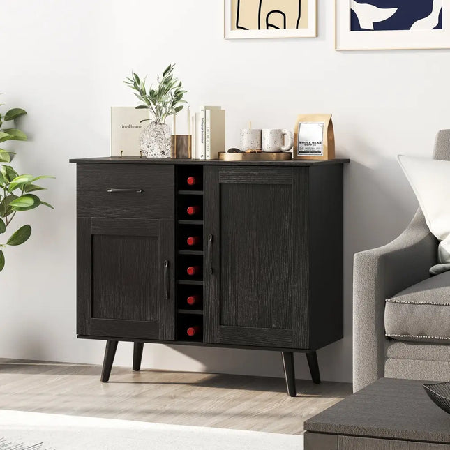 Modern Wine Bar Buffet Cabinet with 6-Bottle Wine Rack-Black - Black - Sideboards Cabinets & Buffets
