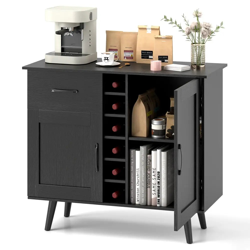 Modern Wine Bar Buffet Cabinet with 6-Bottle Wine Rack-Black - Black - Sideboards Cabinets & Buffets