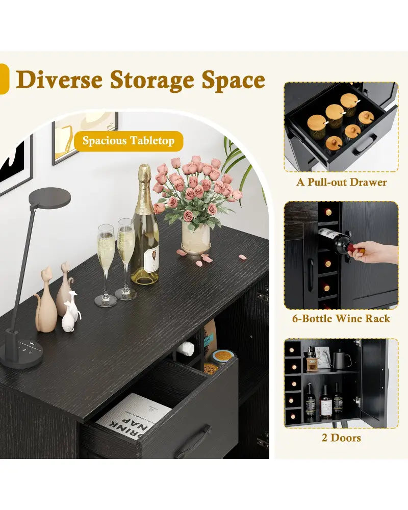 Modern Wine Bar Buffet Cabinet with 6-Bottle Wine Rack-Black - Black - Sideboards Cabinets & Buffets