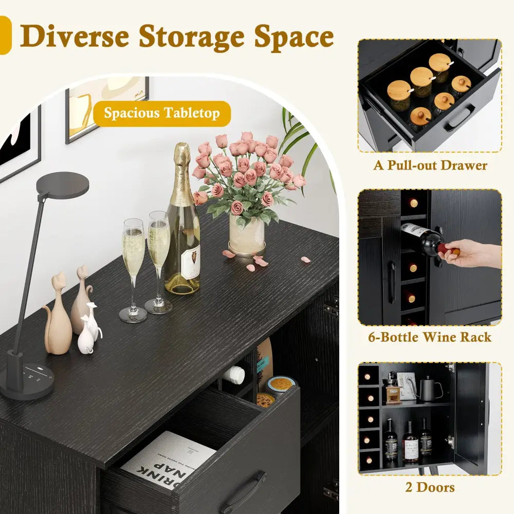 Modern Wine Bar Buffet Cabinet with 6-Bottle Wine Rack-Black - Black - Sideboards Cabinets & Buffets