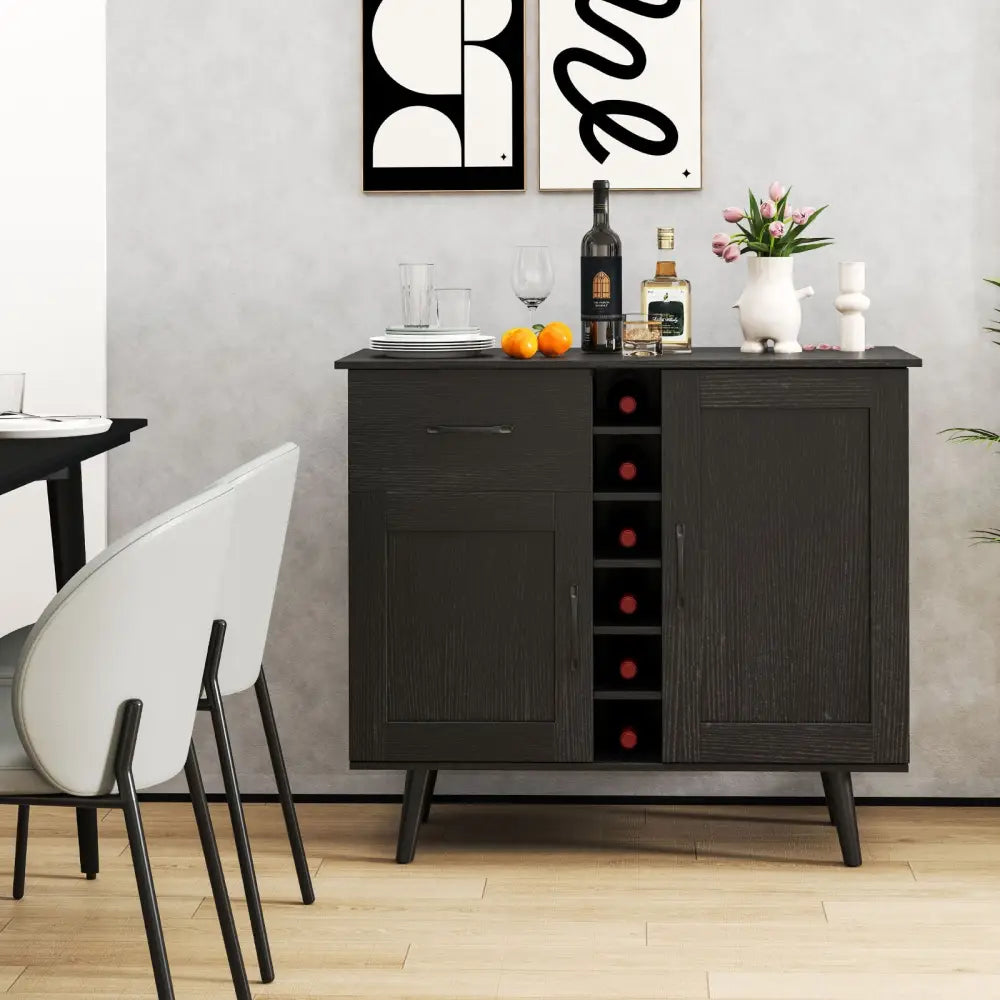 Modern Wine Bar Buffet Cabinet with 6-Bottle Wine Rack-Black - Black - Sideboards Cabinets & Buffets