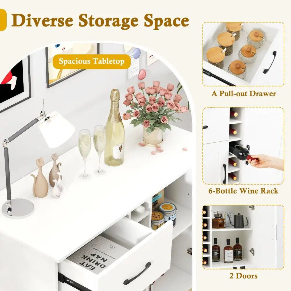Modern Wine Bar Buffet Cabinet with 6-Bottle Wine Rack-White - White - Sideboards Cabinets & Buffets