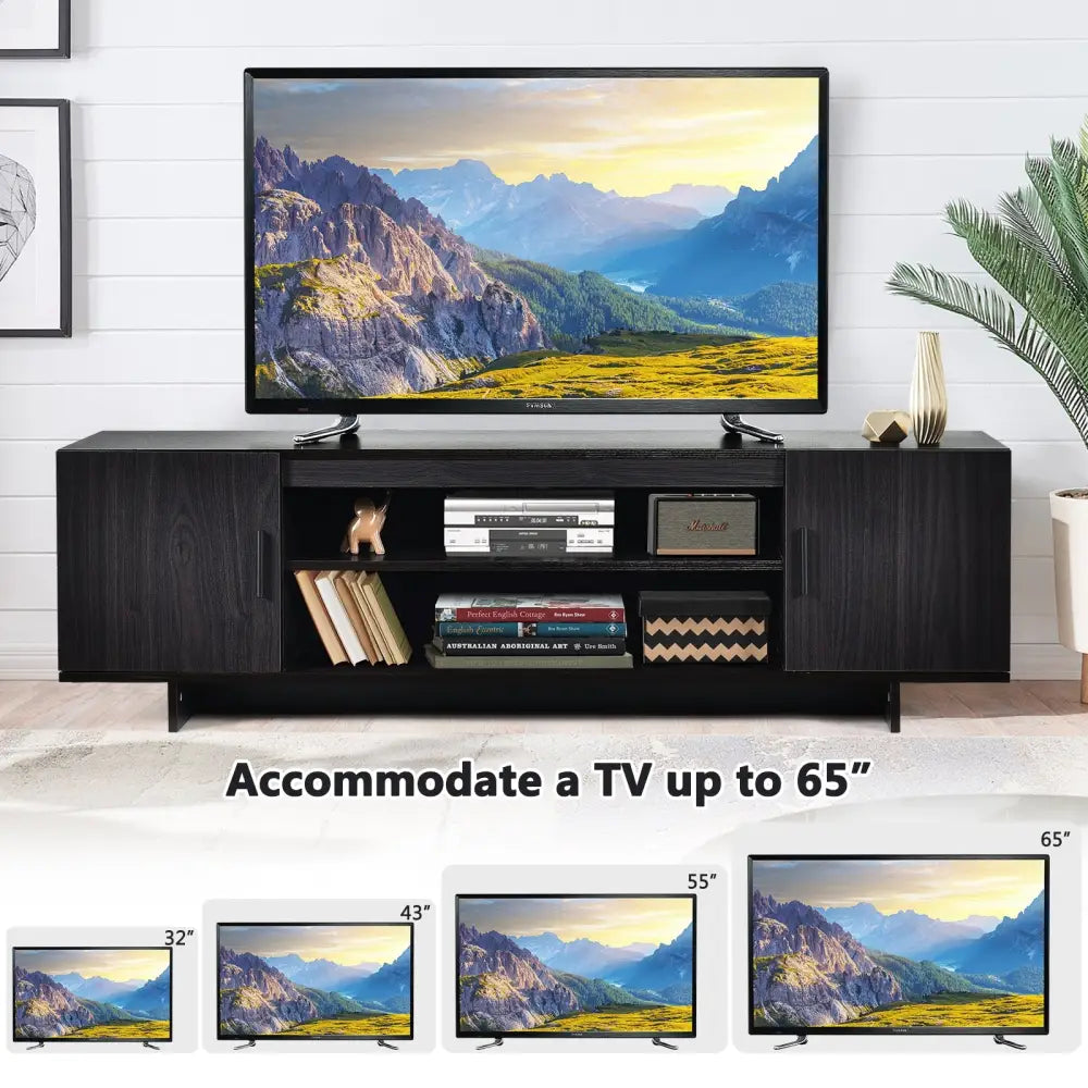 Modern Wood Universal TV Stand for TV up to 65 Inch with 2 Storage Cabinets - Dark Gray - Entertainment Centers & TV