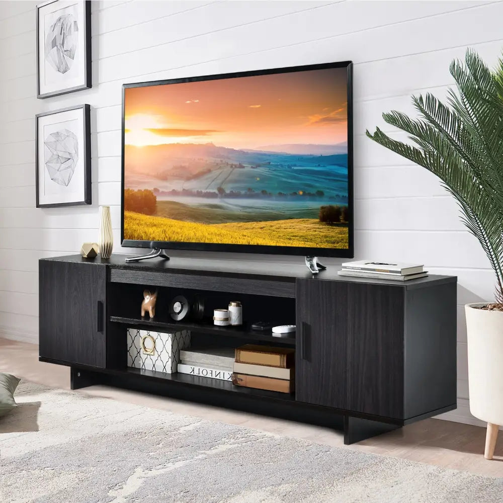 Modern Wood Universal TV Stand for TV up to 65 Inch with 2 Storage Cabinets - Dark Gray - Entertainment Centers & TV