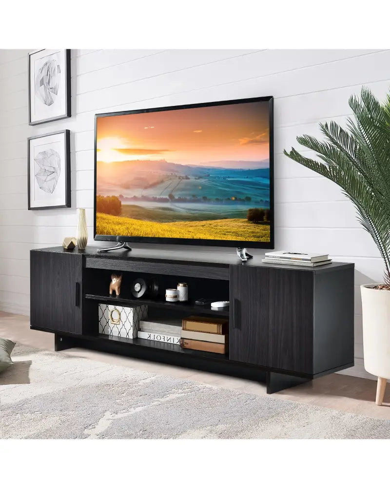 Modern Wood Universal TV Stand for TV up to 65 Inch with 2 Storage Cabinets - Dark Gray - Entertainment Centers & TV