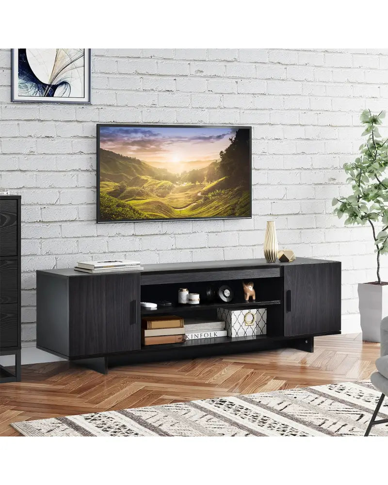 Modern Wood Universal TV Stand for TV up to 65 Inch with 2 Storage Cabinets - Dark Gray - Entertainment Centers & TV