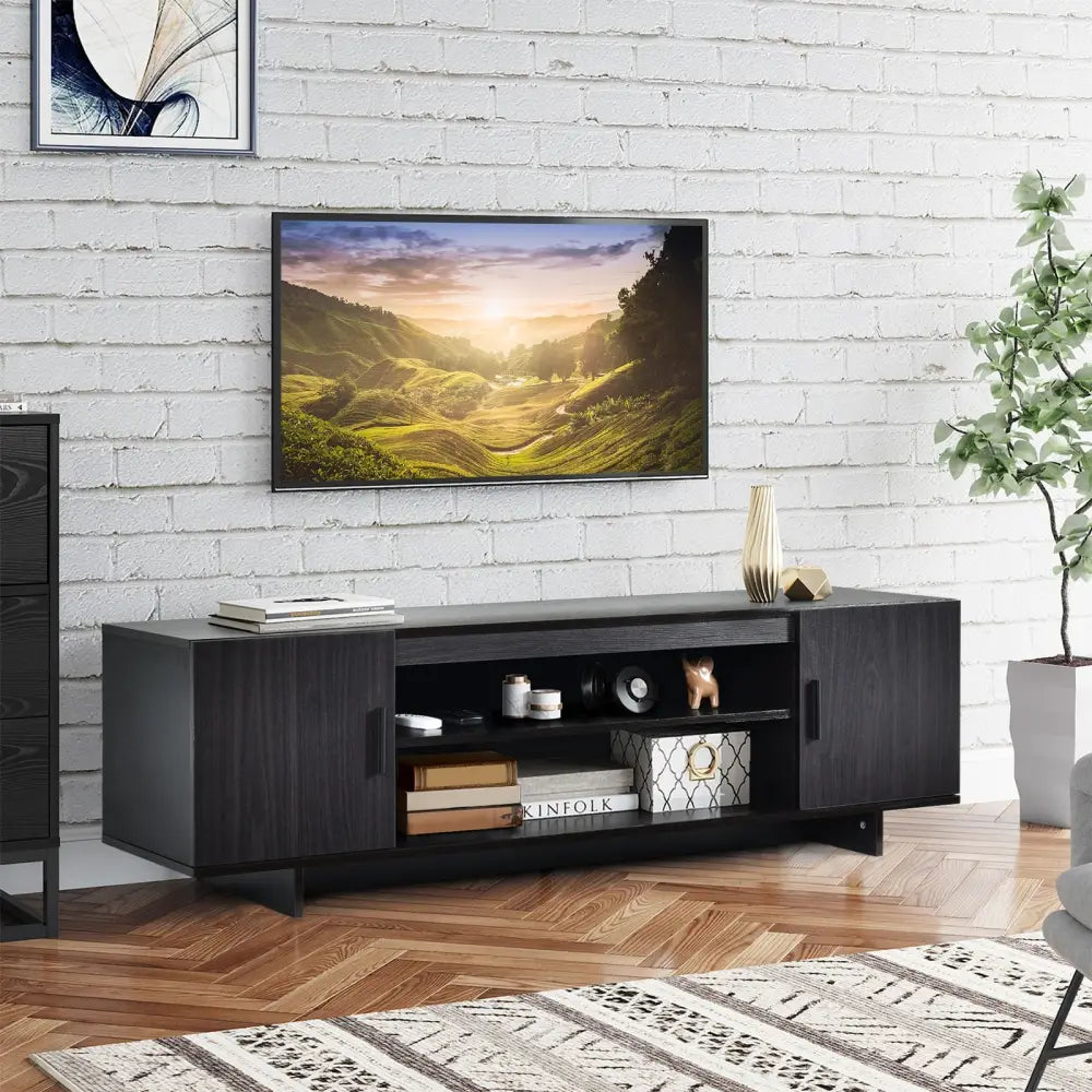 Modern Wood Universal TV Stand for TV up to 65 Inch with 2 Storage Cabinets - Dark Gray - Entertainment Centers & TV
