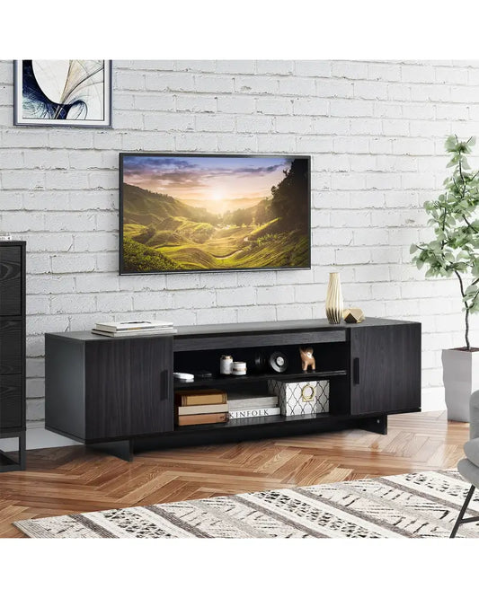 Modern Wood Universal TV Stand for TV up to 65 Inch with 2 Storage Cabinets - Dark Gray - Entertainment Centers & TV