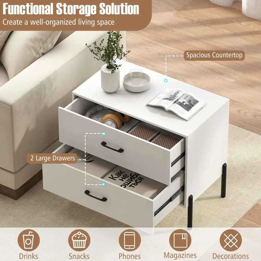 Modern Wooden 2-Drawer Nightstand with Metal Legs and Handles-White - White - Nightstands