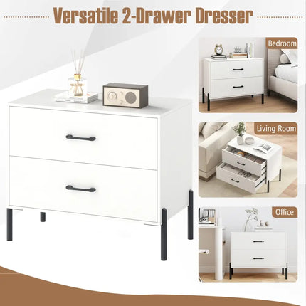 Modern Wooden 2-Drawer Nightstand with Metal Legs and Handles-White - White - Nightstands