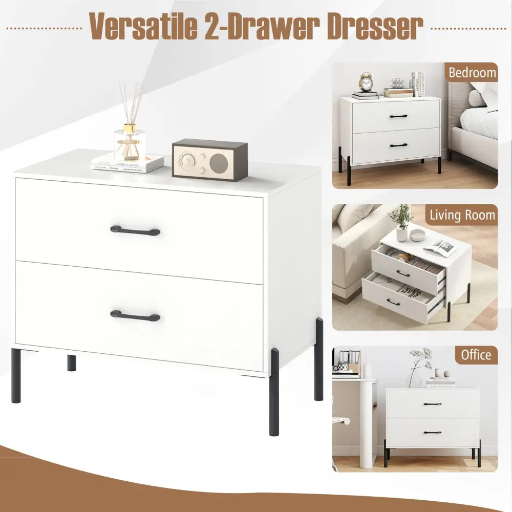 Modern Wooden 2-Drawer Nightstand with Metal Legs and Handles-White - White - Nightstands