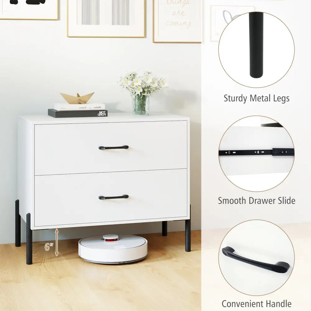 Modern Wooden 2-Drawer Nightstand with Metal Legs and Handles-White - White - Nightstands