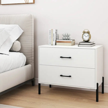 Modern Wooden 2-Drawer Nightstand with Metal Legs and Handles-White - White - Nightstands